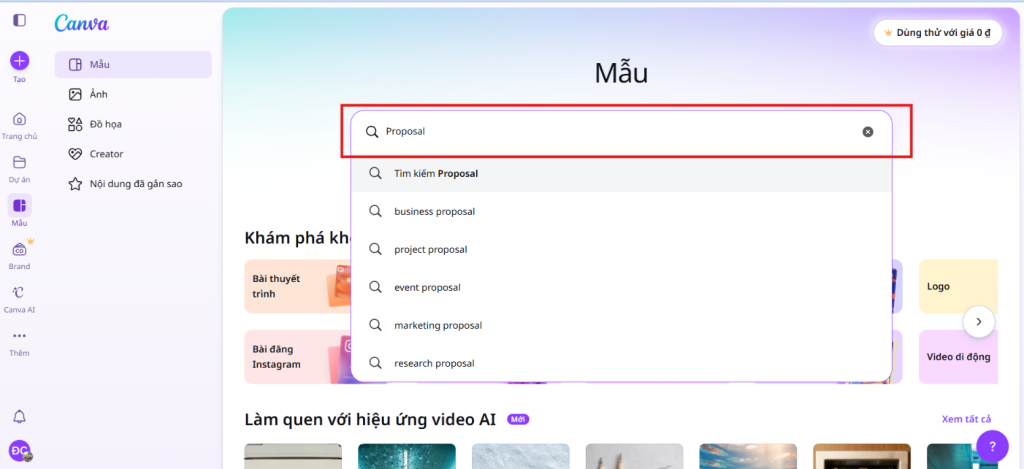 Gõ Proposal vào thanh tìm kiếm