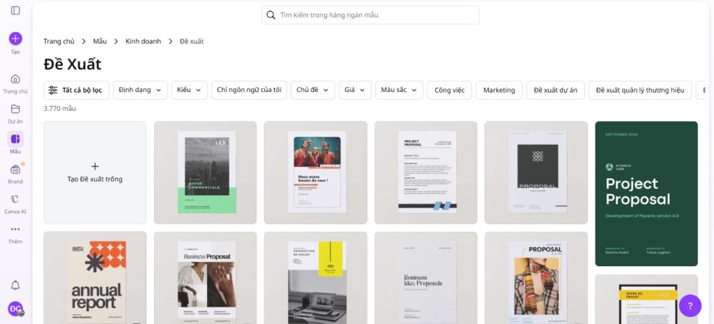 Canva cung cấp nhiều template Proposal với giao diện trực quan