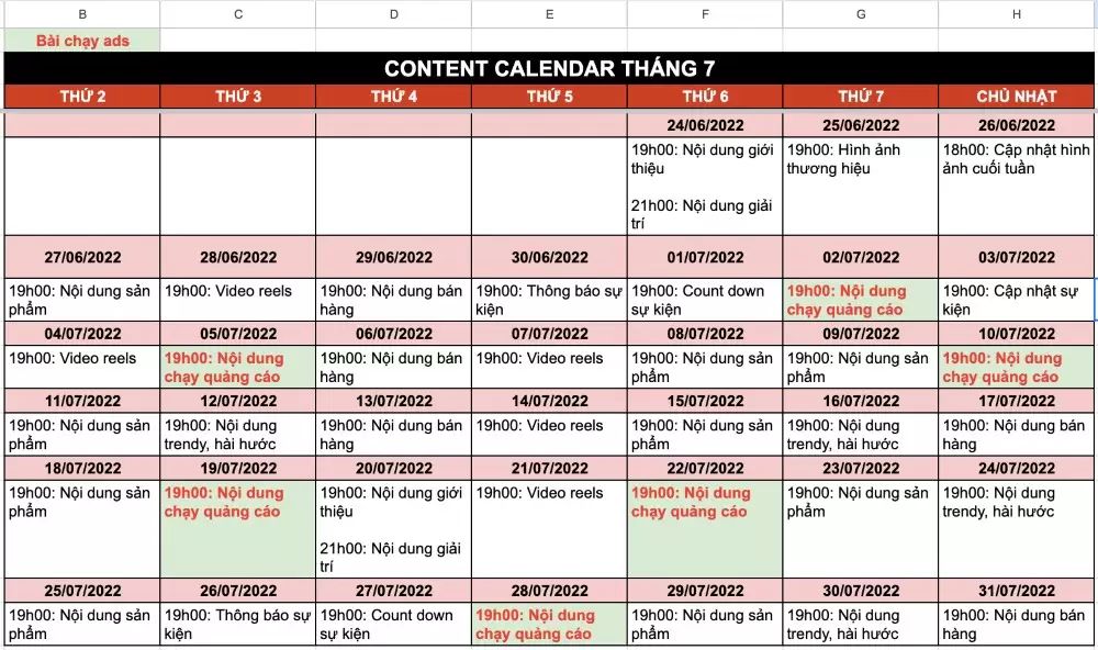 Ví dụ mẫu content calendar chi tiết 