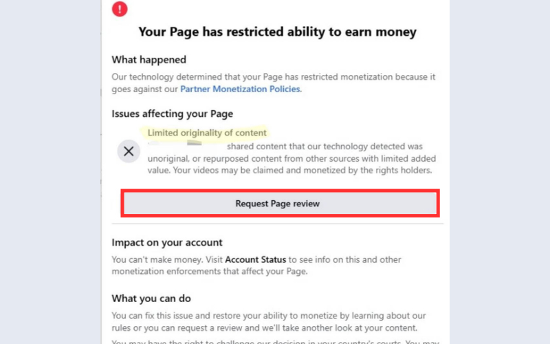 Cách Kháng Nghị Fanpage Bị Hạn Chế Kiếm Tiền Đúng Quy Trình 2026 7 Nhấn nút Request Review